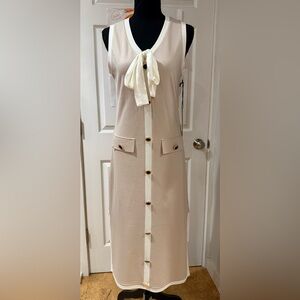 NWT Nicole Miller Sz Small Taupe Midi Dress Button Front Bow Tie Classy